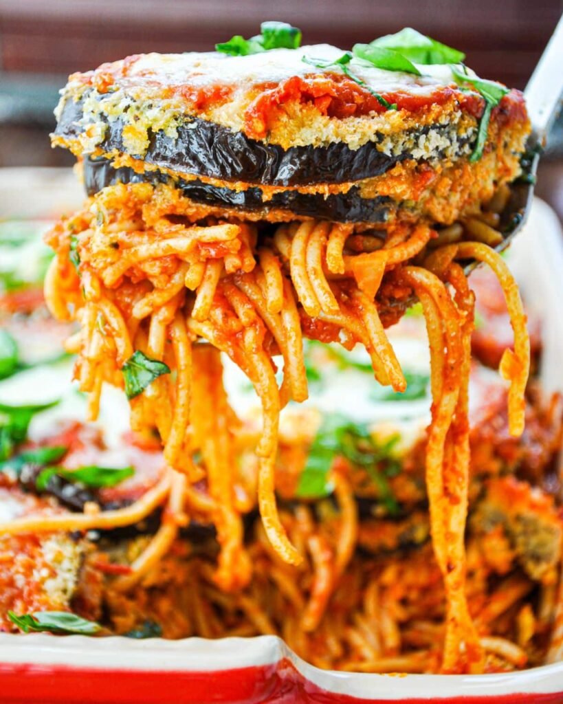 Eggplant Parmesan with Whole Wheat Spaghetti: